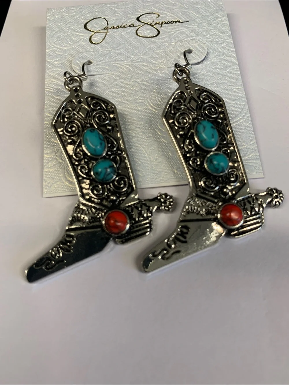 Jessica Simpson Silver-Tone Turquoise & Coral Western Boot Drop Earrings